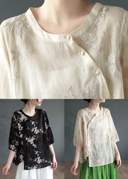 VintageYellow polka dots Asymmetrical Button Patchwork Linen Shirt Summer