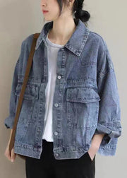 Vintage Black Button Pockets Denim Coat Long Sleeve