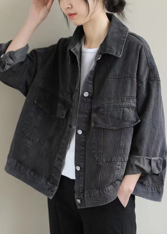 Vintage Black Button Pockets Denim Coat Long Sleeve