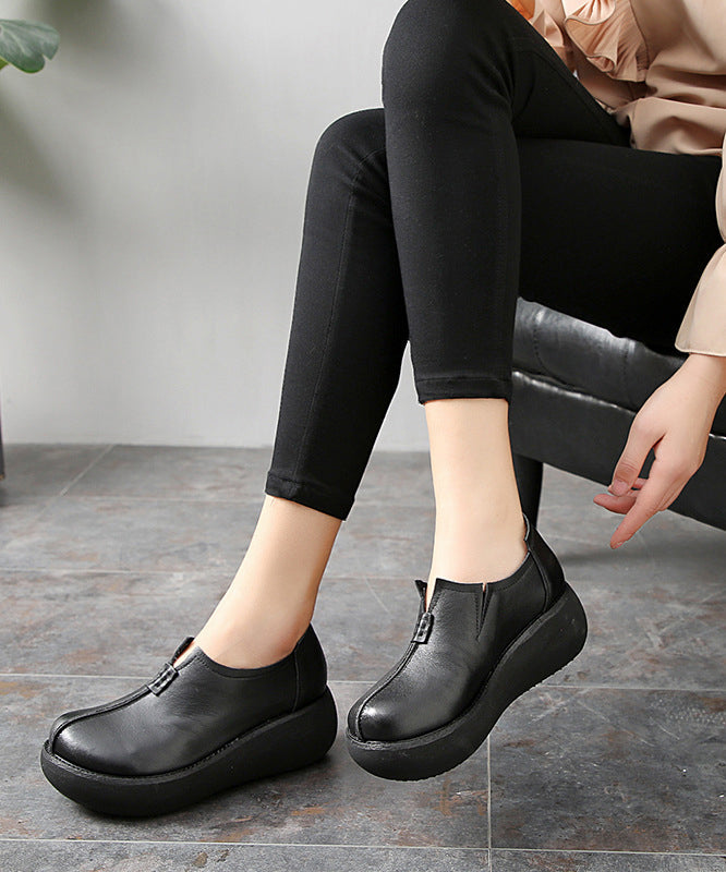 Vintage Black Cowhide Leather Flat Feet Shoes Platform Platform Flat Shoes