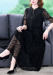 Vintage Black Embroidered Hollow Out Lace Long Dress Summer