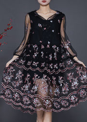 Vintage Black Embroidered Tulle Beach Dresses Summer