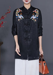 Vintage Black Embroideried Chinese Button Silk Blouses Fall