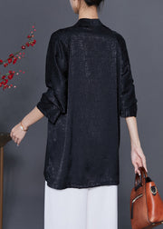 Vintage Black Embroideried Chinese Button Silk Blouses Fall