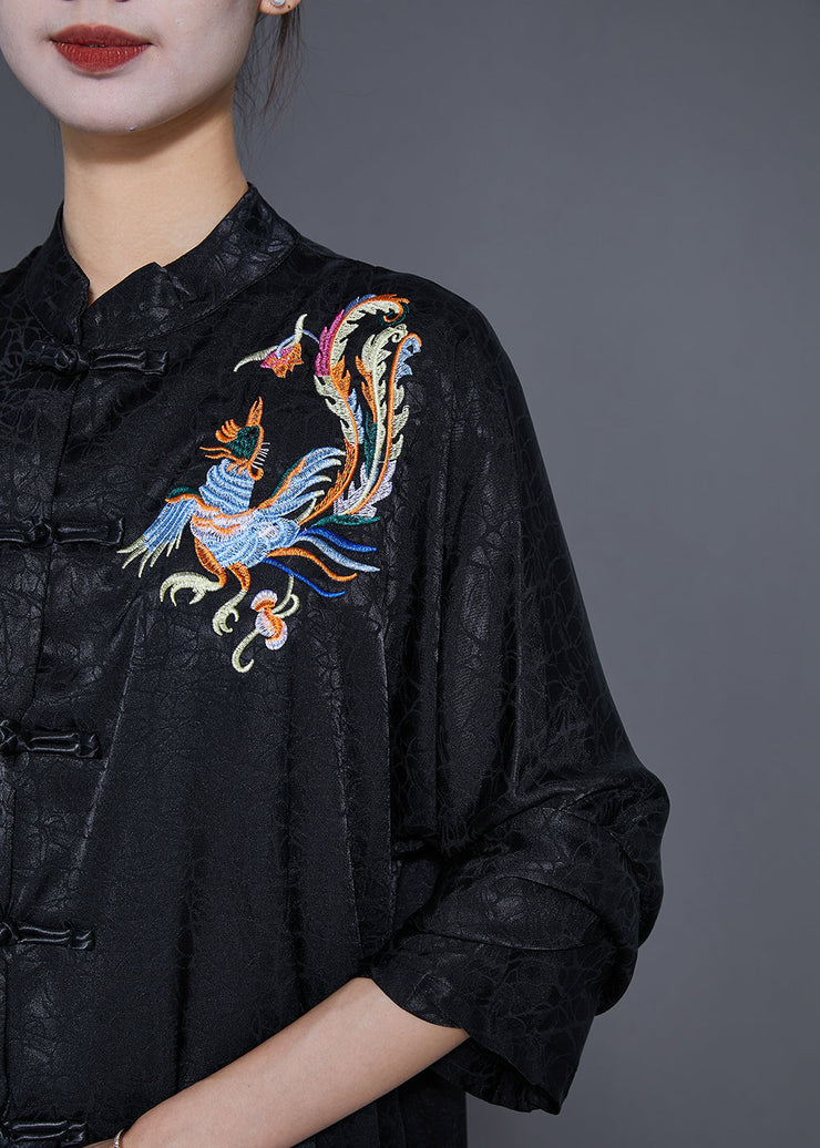 Vintage Black Embroideried Chinese Button Silk Blouses Fall