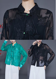 Vintage Black Embroideried Chinese Button Tulle Shirt Tops Summer