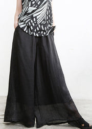 Vintage Black Embroideried Elastic Waist Solid Linen Wide Leg Pants Summer