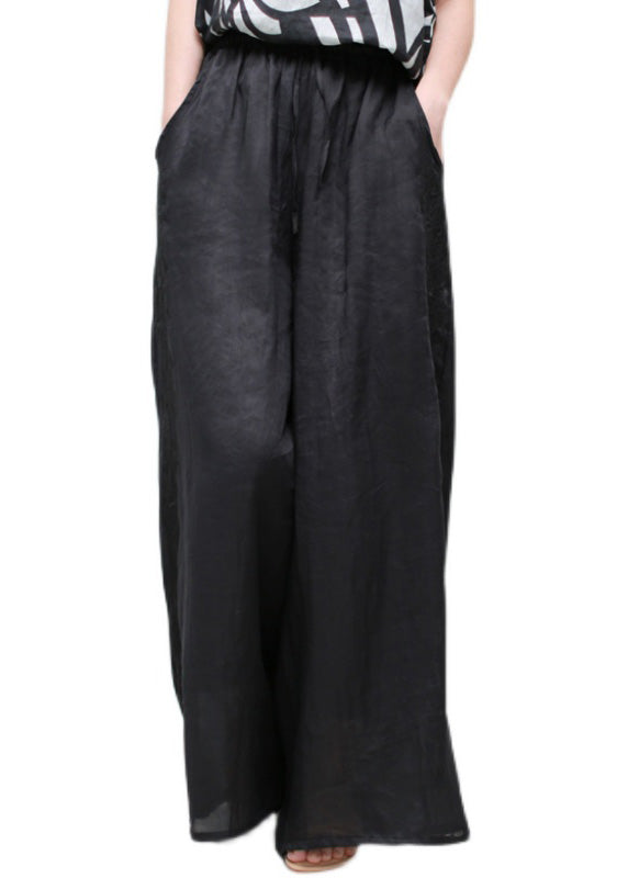 Vintage Black Embroideried Elastic Waist Solid Linen Wide Leg Pants Summer