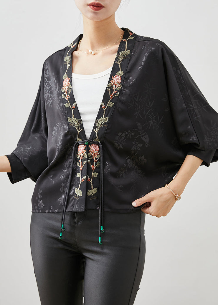 Vintage Black Embroidered Tasseled Silk Cardigan Spring