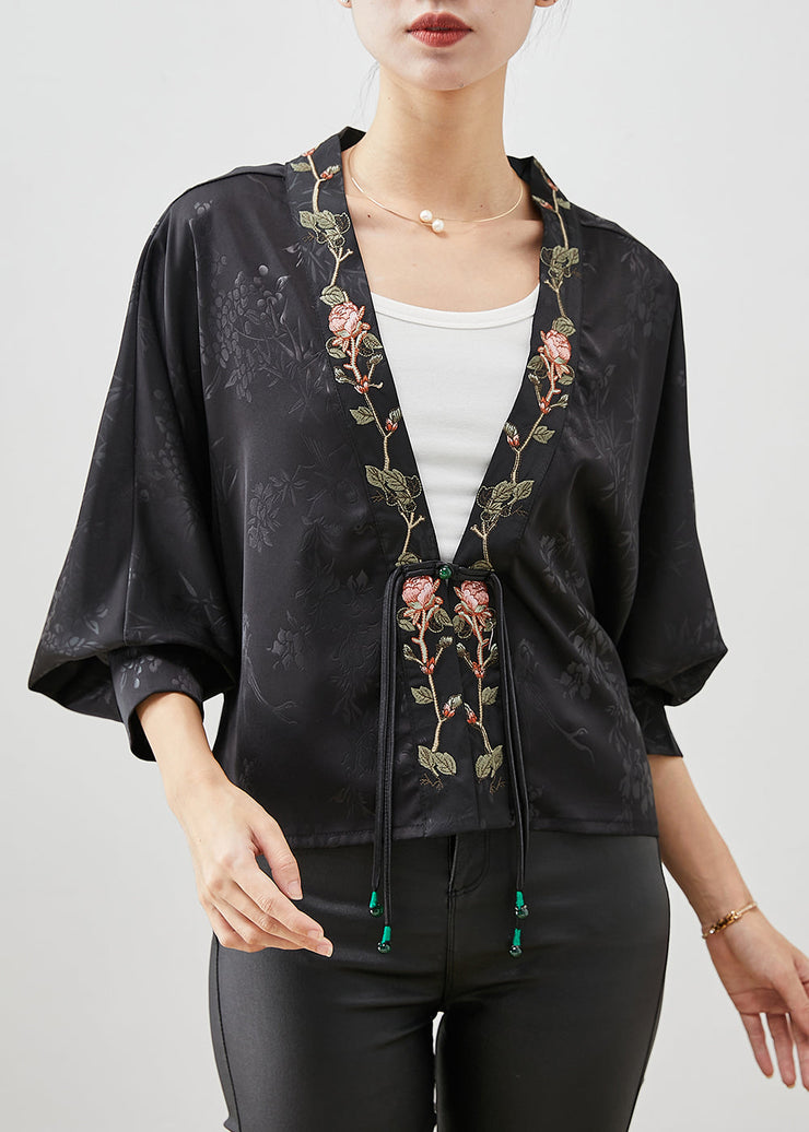 Vintage Black Embroidered Tasseled Silk Cardigan Spring