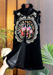 Vintage Black Fur Collar Embroideried Patchwork Silk Velour Waistcoat Sleeveless