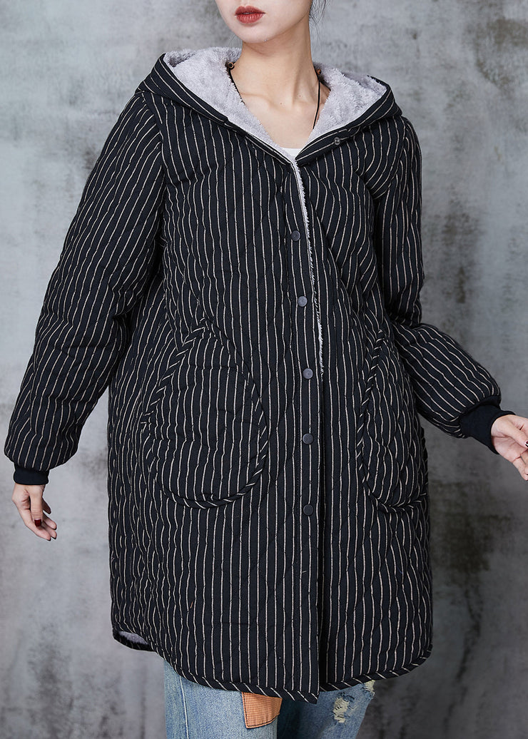 Vintage Black Hooded Striped Warm Fleece Coat Winter