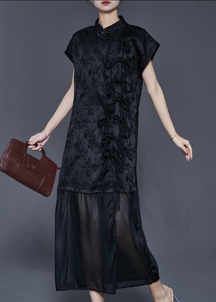 Vintage Black Jacquard Patchwork Bow Silk Dress Summer