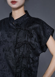 Vintage Black Jacquard Patchwork Bow Silk Dress Summer