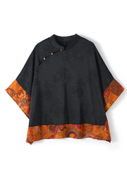 Vintage gray flower Mandarin Collar Asymmetrical Patchwork Jacquard Silk Shirts Batwing Sleeve