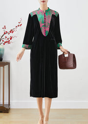 Vintage Black Mandarin Collar Patchwork Silk Velour Dresses Fall