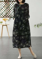 Vintage Black O Neck Patchwork Long Linen Dresses Summer