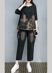 Vintage Black O-Neck Print Top And Pants Two Pieces Set Fall