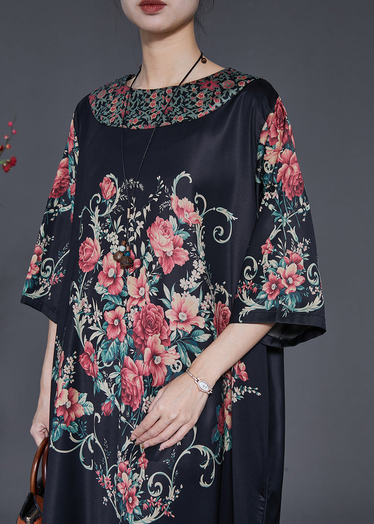 Vintage Black Oversized Floral Silk Dresses Summer