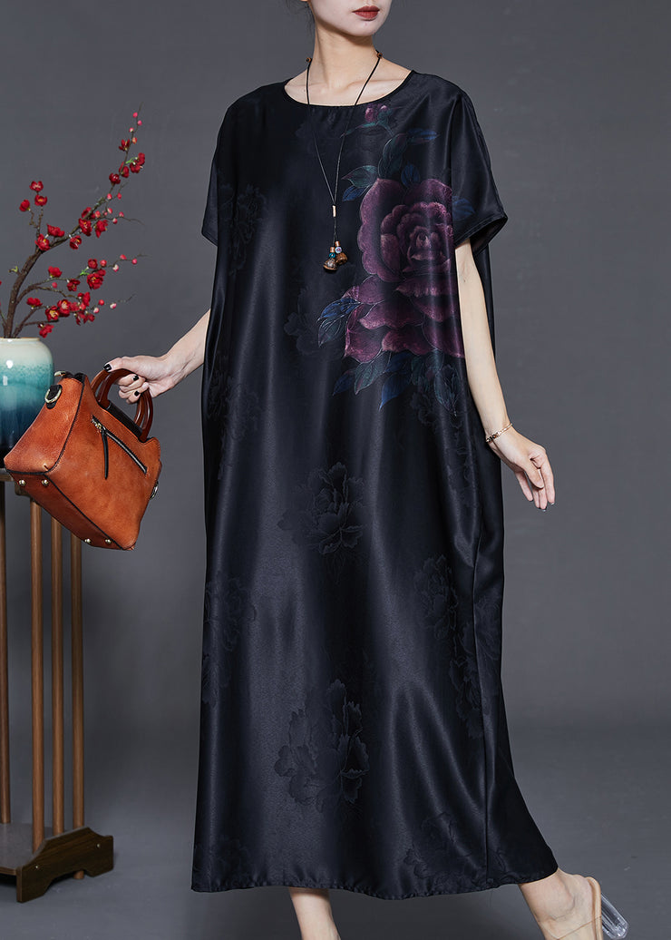 Vintage Black Oversized Jacquard Silk Long Dress Summer