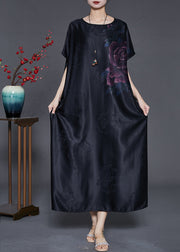 Vintage Black Oversized Jacquard Silk Long Dress Summer