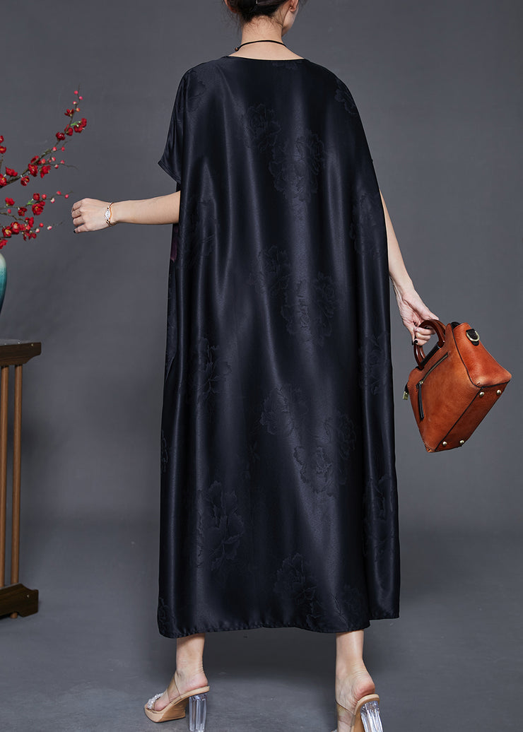 Vintage Black Oversized Jacquard Silk Long Dress Summer