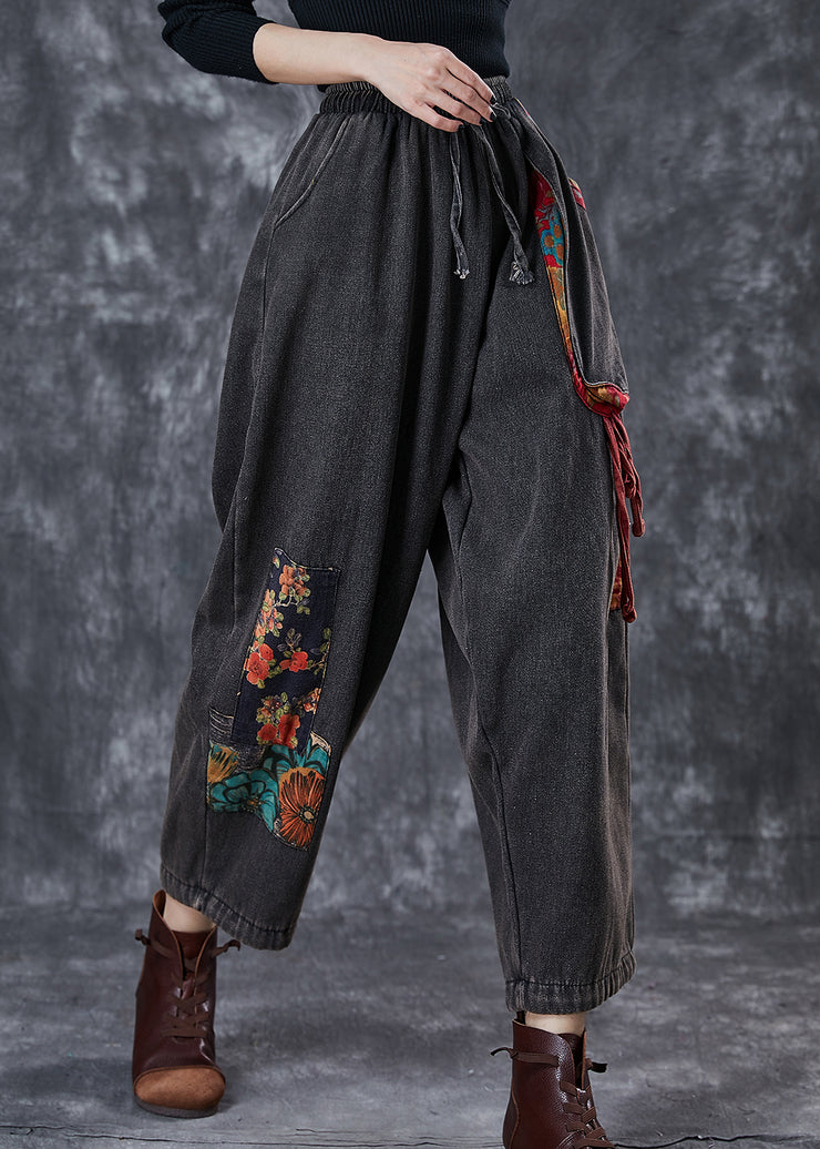 Vintage Black Oversized Patchwork Applique Denim Pants Summer