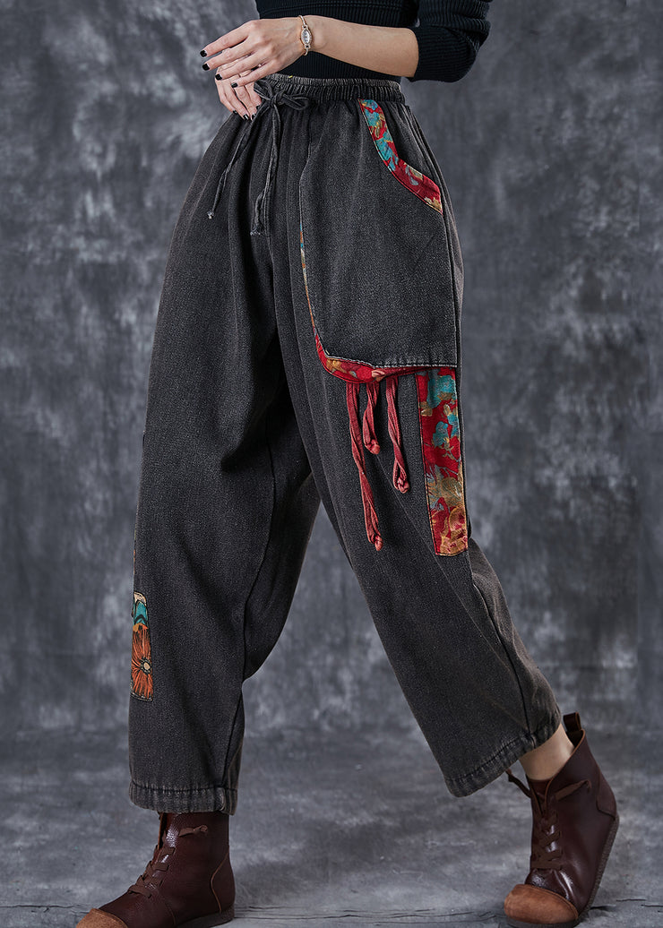 Vintage Black Oversized Patchwork Applique Denim Pants Summer