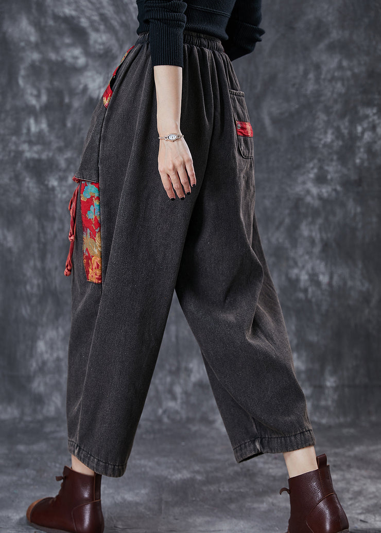 Vintage Black Oversized Patchwork Applique Denim Pants Summer