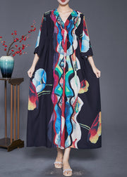 Vintage Black Oversized Wrinkled Print Chiffon Long Dress Summer