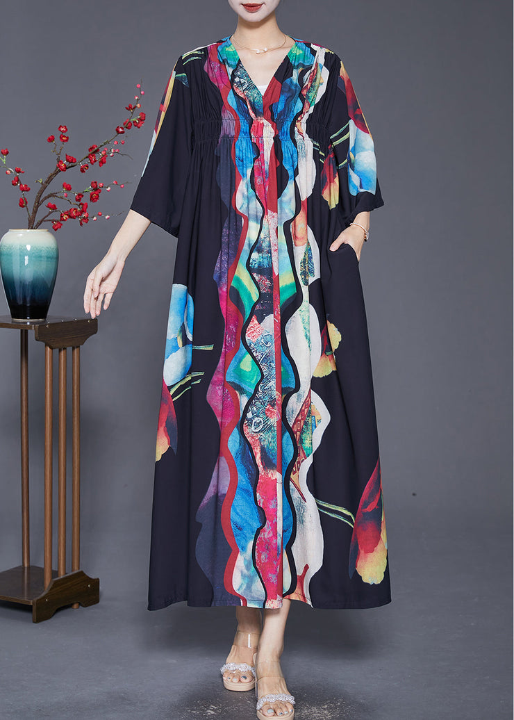 Vintage Black Oversized Wrinkled Print Chiffon Long Dress Summer