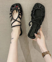 Vintage Black PU Flat Slide Sandals Splicing Hollow Out