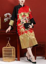 Vintage Black Patchwork Red Stand Collar Embroideried Side Open Button Silk Maxi Dresses Long Sleeve