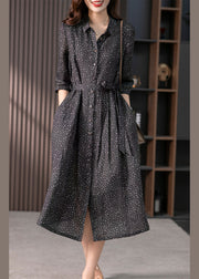 Vintage Black Peter Pan Collar Print Button Tie Waist Linen Long Shirts Dress Long Sleeve