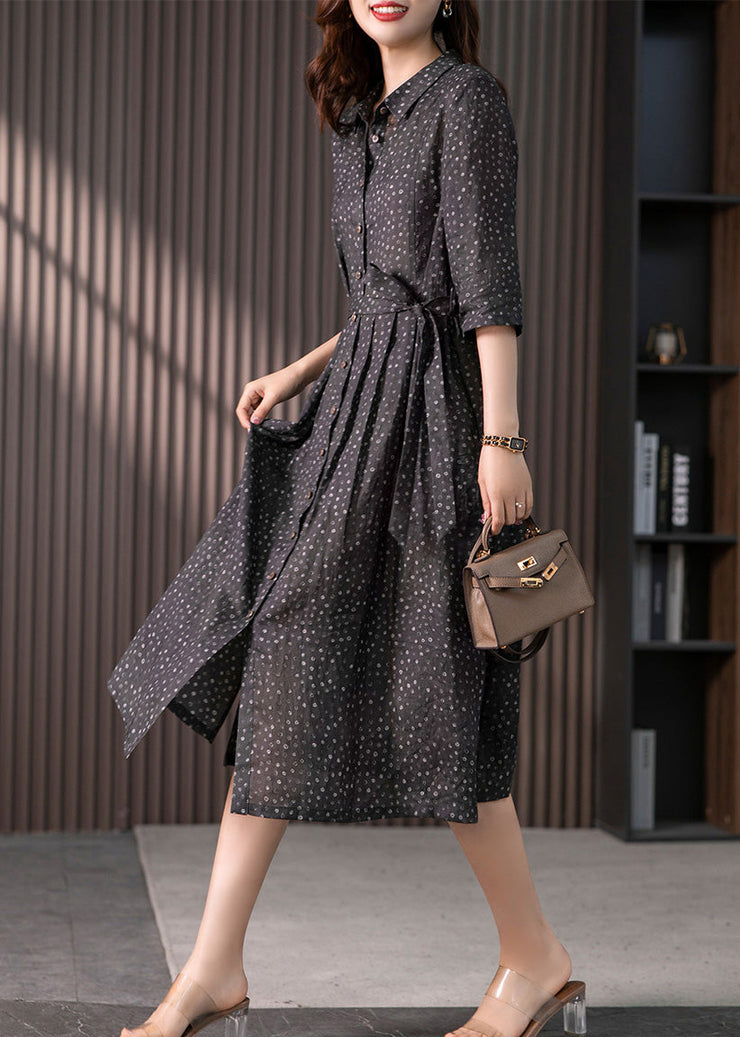 Vintage Black Peter Pan Collar Print Button Tie Waist Linen Long Shirts Dress Long Sleeve