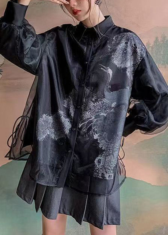 Vintage Black Peter Pan Collar Print Tulle Patchwork Silk Shirts Long Sleeve