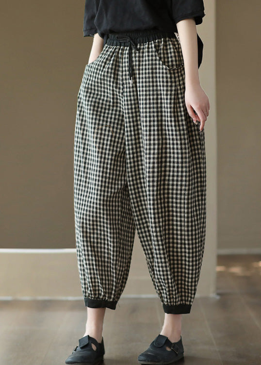 Vintage Black Plaid Elastic Waist Harem Pants Summer