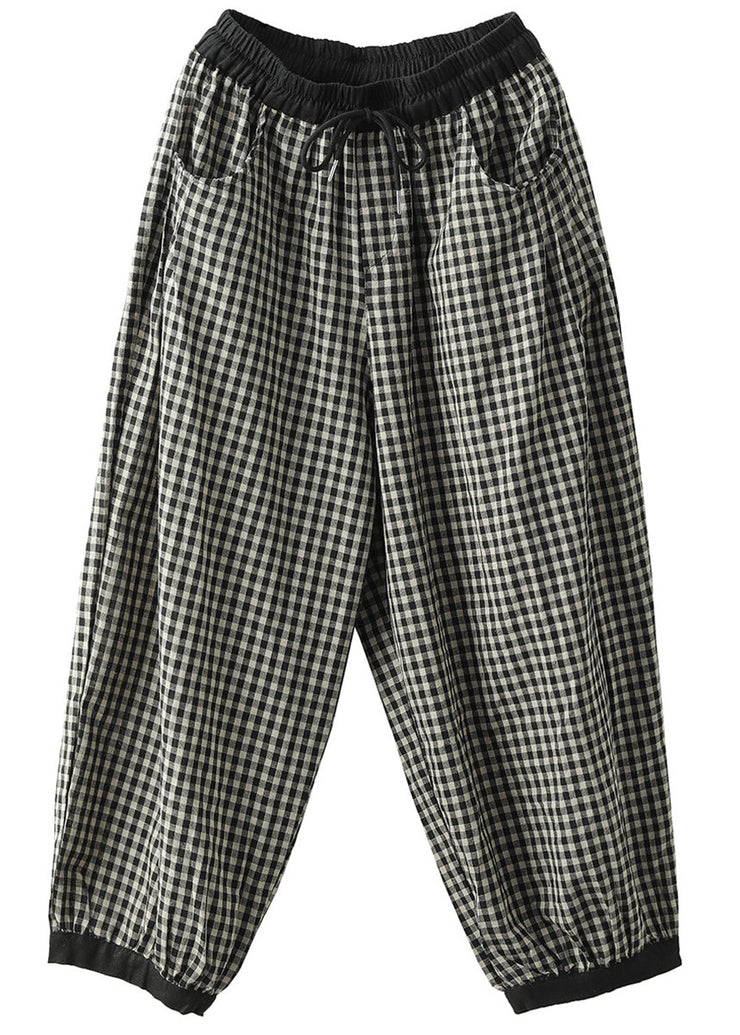 Vintage Black Plaid Elastic Waist Harem Pants Summer