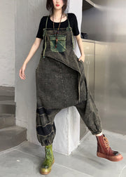 Vintage Black Pockets High Waist Patchwork Denim Jumpsuit Sleeveless