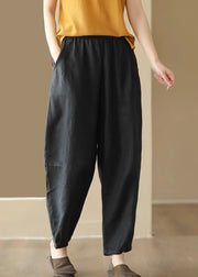 Vintage Black Pockets Wrinkled Patchwork Linen Pants Summer