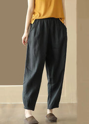 Vintage Black Pockets Wrinkled Patchwork Linen Pants Summer