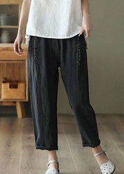 Vintage Black PocketsPatchwork Linen Pants Summer