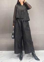 Vintage Black Print Asymmetrical Silk Cotton Waistcoat And Wide Leg Pants Two Piece Set Fall