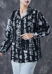 Vintage Black Print Chinese Button Cotton Shirt Spring