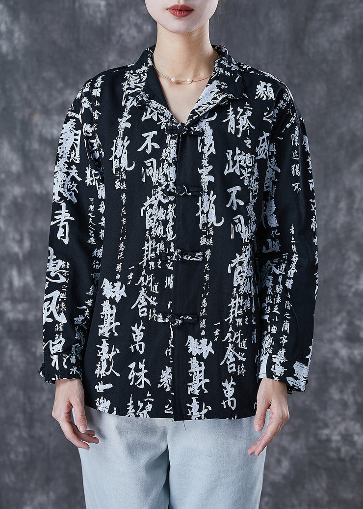 Vintage Black Print Chinese Button Cotton Shirt Spring