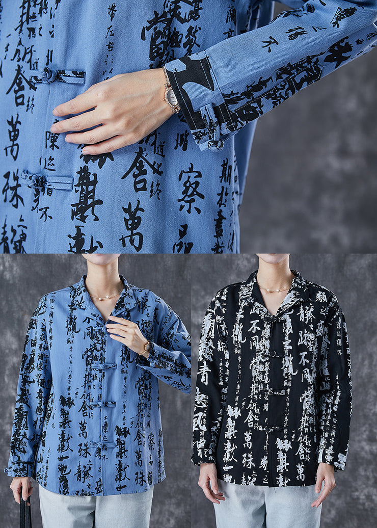 Vintage Black Print Chinese Button Cotton Shirt Spring