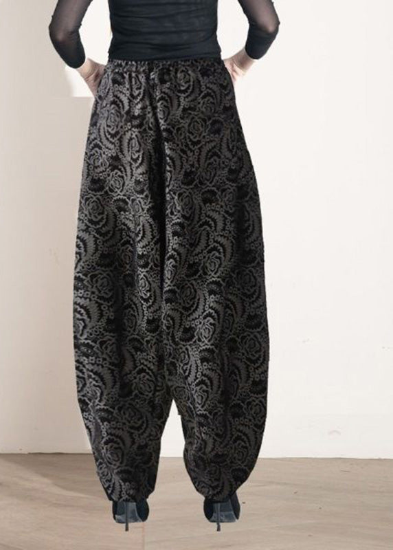 Vintage Black Print Elastic Waist Lantern Pants Spring