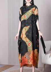 Vintage Black Print Patchwork Chinese Button Silk Long Dress Half Sleeve