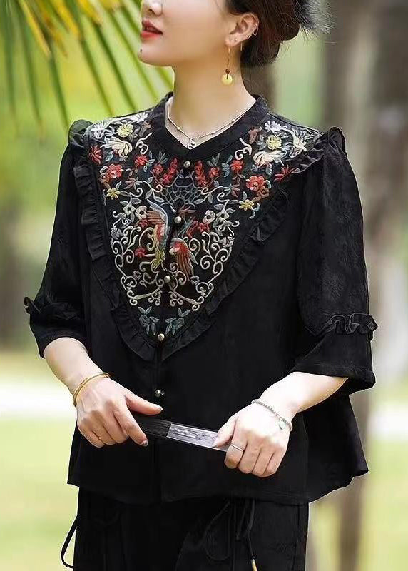 Vintage Black Ruffled Embroideried Patchwork Silk Tops Half Sleeve