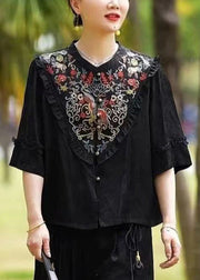 Vintage Black Ruffled Embroideried Patchwork Silk Tops Half Sleeve